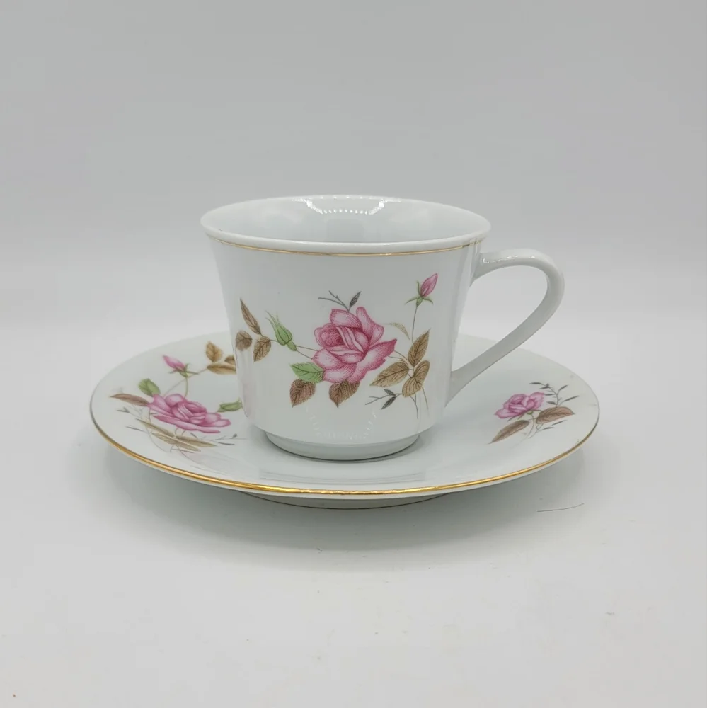 Elegant Rose Pattern Porcelain Tea Cup and Saucer Set, Gold Trim